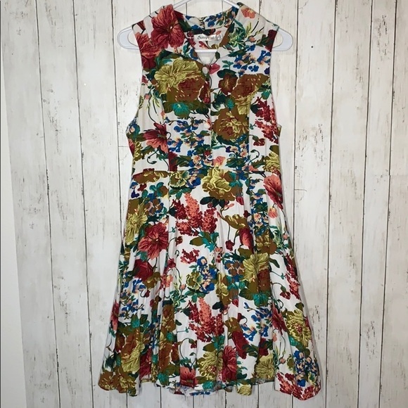 Vintage floral cotton linen A-line button Dress - Picture 3 of 11